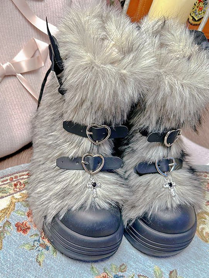 Black Heart-shaped Buckle Bow Shaggy Boots