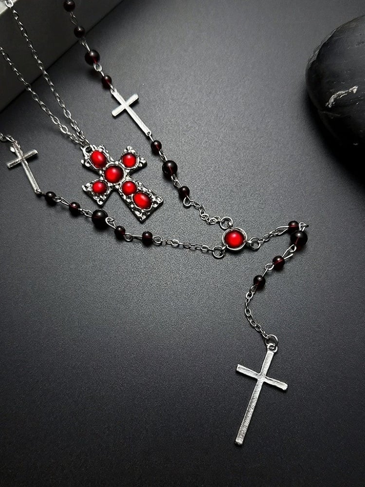 Red Bead Layered Cross Pendant Necklace - YSHXS