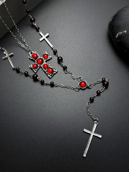 Red Bead Layered Cross Pendant Necklace - YSHXS