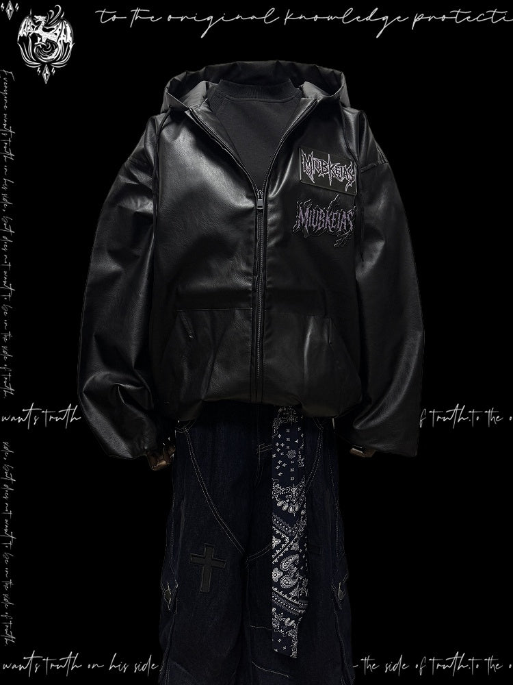 PU Hood Graphic Applique and Jacket Chic with Design Black Moto