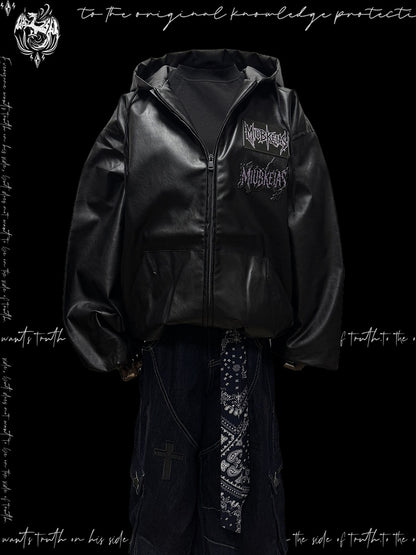 PU Hood Graphic Applique and Jacket Chic with Design Black Moto