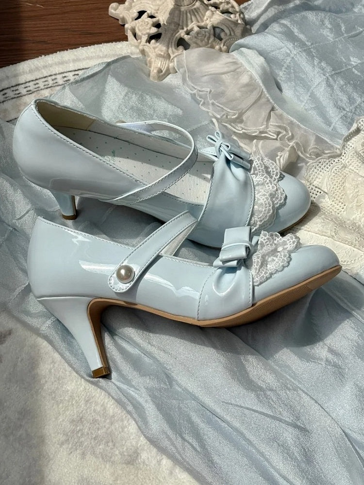 Lolita Style Sweet - with PU Lace Detachable Blue Heels Trim Leather