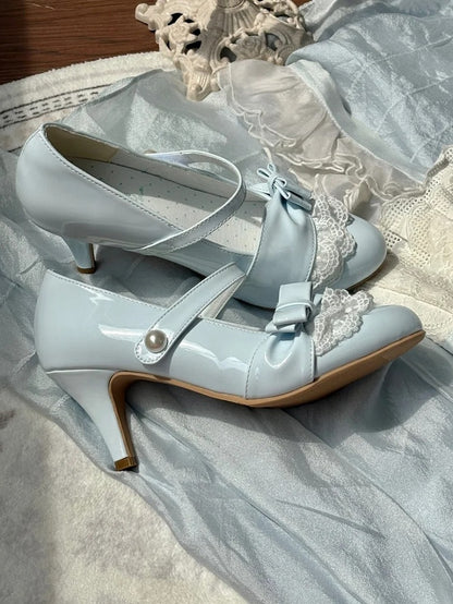 Lolita Style Sweet - with PU Lace Detachable Blue Heels Trim Leather