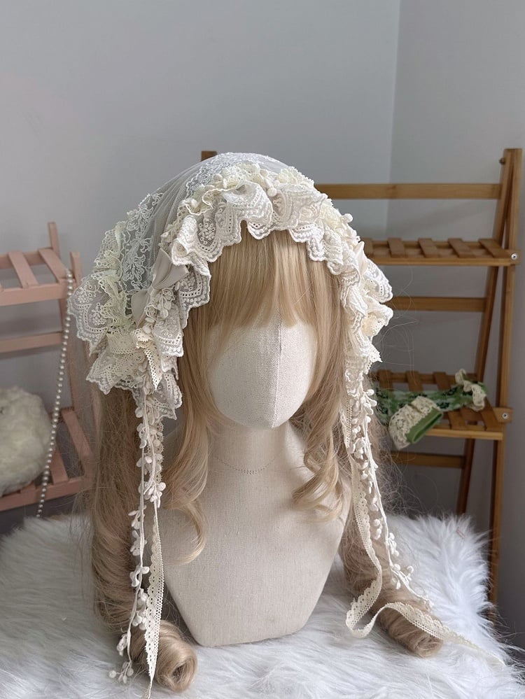 Lace Bow Triangular Trim Details Scarf Beige