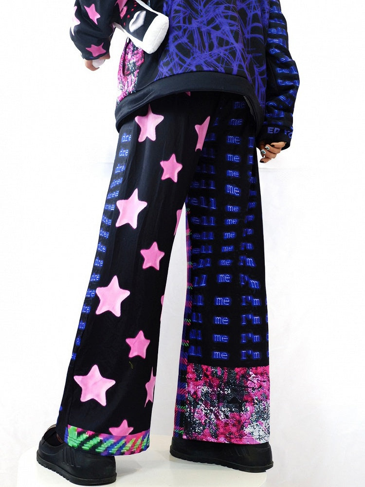 Pants Print Pattern Y2K Colorful Plaid And Wide-leg Skeleton Cut Star