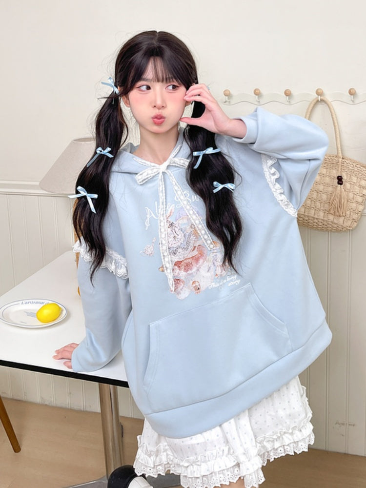 Yume Kawaii Blue Bunny Ear Hood Rabbit Print Hoodie
