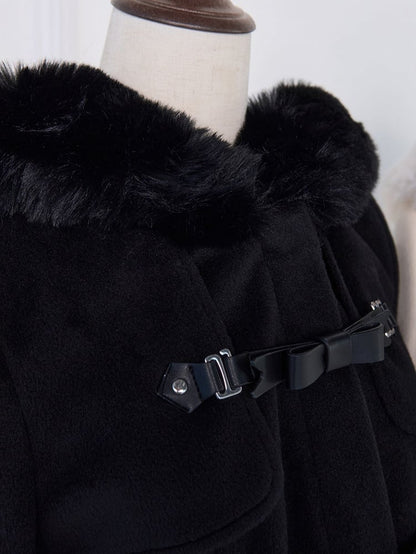 Black with Plush Hood Kei Bow Short Coat | Cuffs Details Jirai