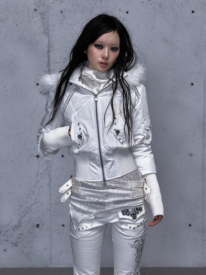 Hoodie Placket Two-Way Wasteland White Knitted Jacket Sleeves with Zip Punk