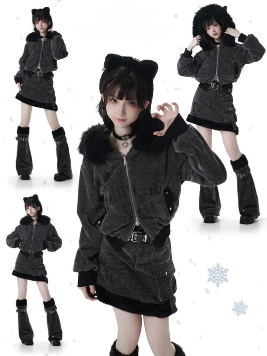 in Ears Jacket Trim Corn Faux Wolf Rib Dark Gray Texture Fur Hooded