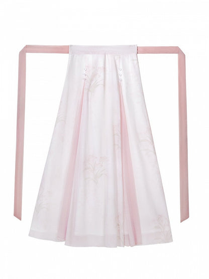 Light Pink Hanfu-Inspired Floral Print Skirt with Self-Tie Waist Design - Unknown Star
