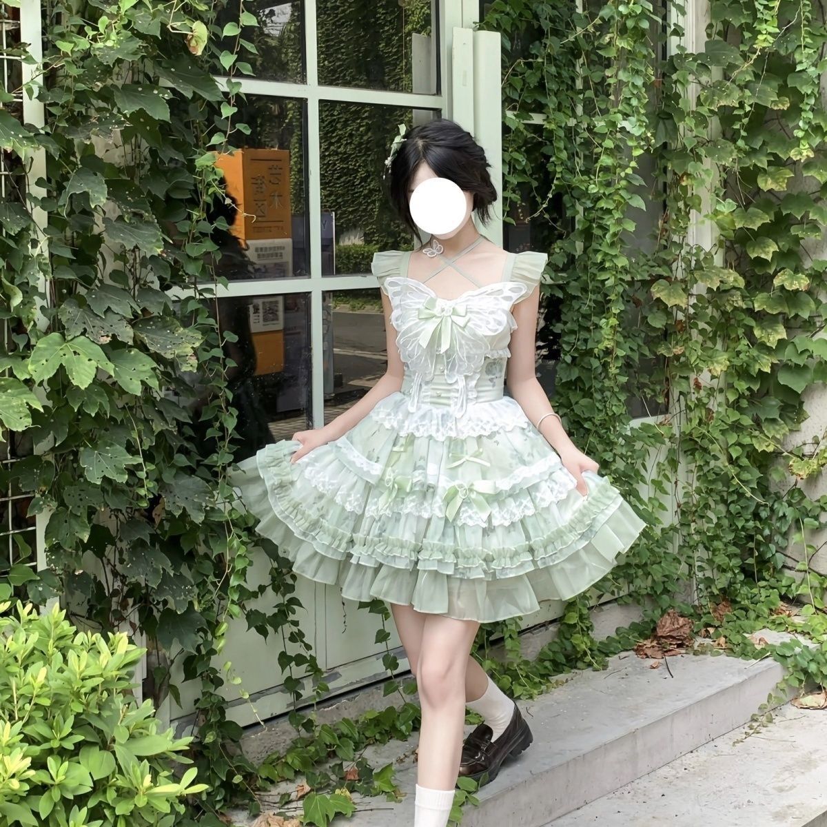 Lolita White Green Butterfly JSK Short Dress – Fairy Princess Birthday Gown