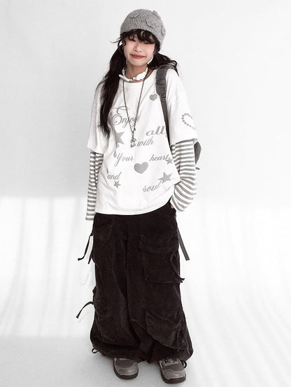 Round Grey Neck White Two-piece Sleeve - Top Long