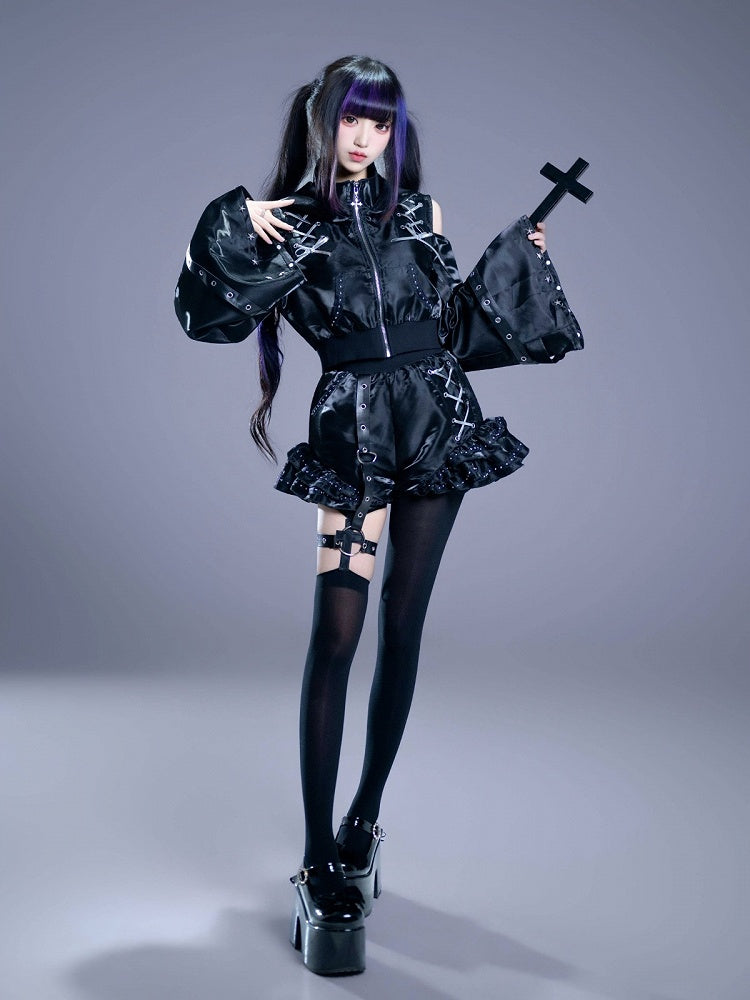 Glossy Gothic Jirai-kei Black 2-Piece Set Cat Ear Hooded Cutout Shoulder Top + Shorts with Leg Garter - Bug Starting