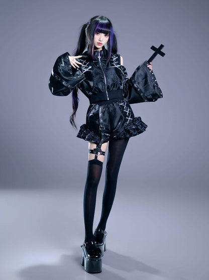 Glossy Gothic Jirai-kei Black 2-Piece Set Cat Ear Hooded Cutout Shoulder Top + Shorts with Leg Garter - Bug Starting