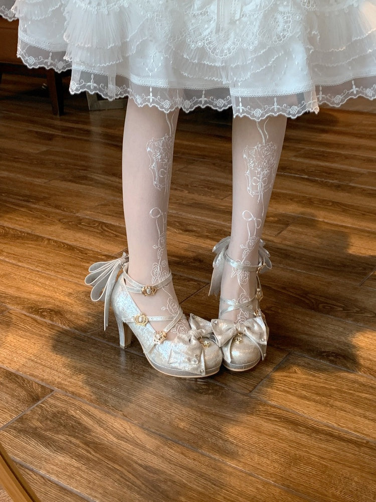 Sparkling Satin Silver 8.5cm High Heels with Crown Buckle and Bowknot - Aimee