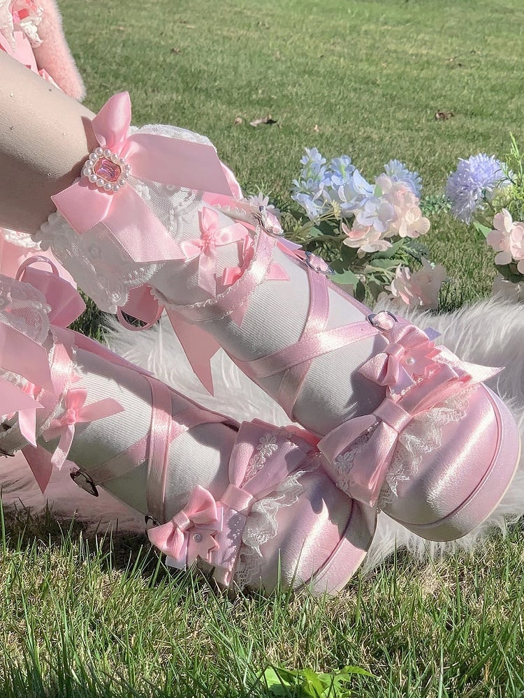 Details Crisscross - Embroidered High Pink with Platform Bow Design Floral Lolita Heel Sweet Block Shoes