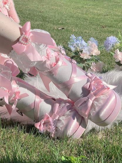 Details Crisscross - Embroidered High Pink with Platform Bow Design Floral Lolita Heel Sweet Block Shoes