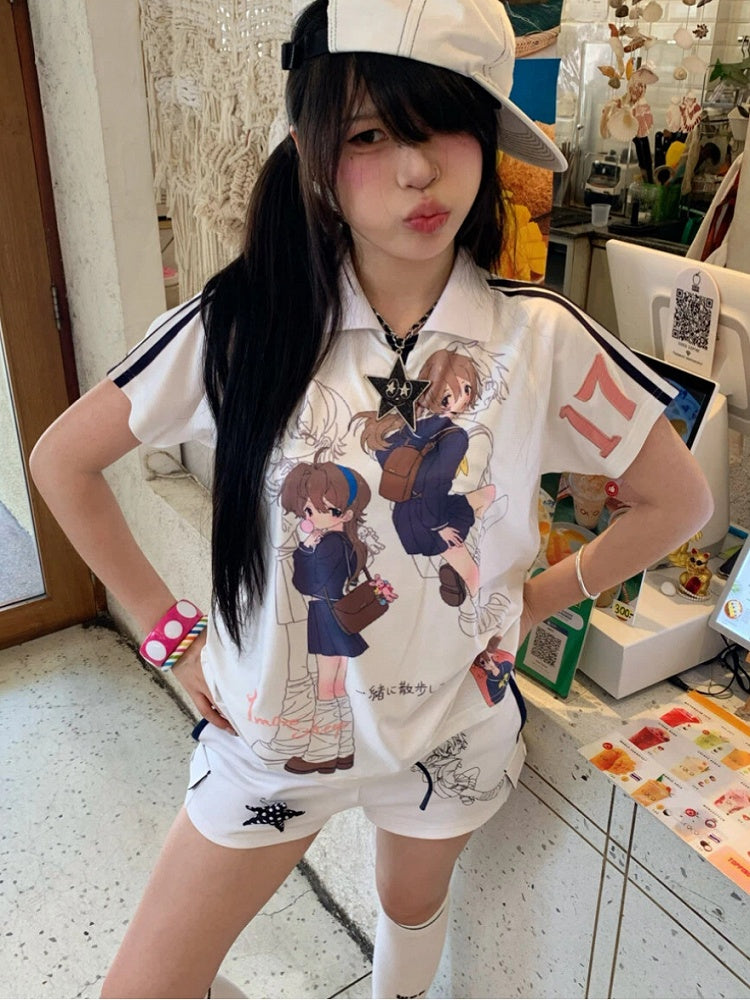 Polo and Cartoon Contrast Shirt Graphic with Stripes White