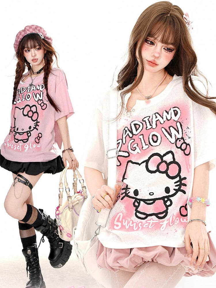ピンク/ホワイト キティプリント ルーズTシャツ