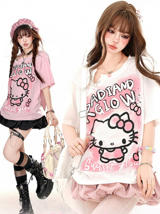 ピンク/ホワイト キティプリント ルーズTシャツ