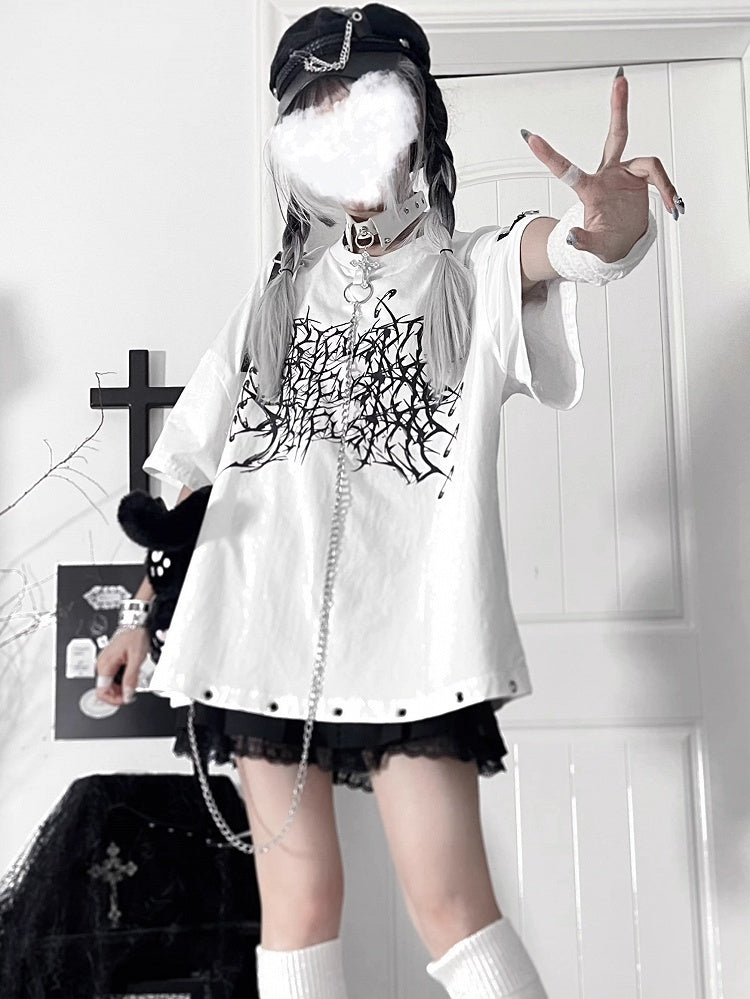 Chain T-Shirtwith Zipper SleeveDetachable Crossed Loose Gothic White