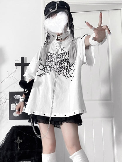 Chain T-Shirtwith Zipper SleeveDetachable Crossed Loose Gothic White