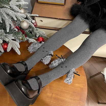 ダークグレーのスイートパピーイヤーリボンタイツ