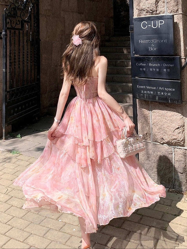 Pink Oil Painting Print Ruffle Trim Summer Holiday Dress - Qchiwawameme