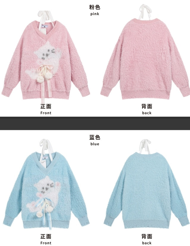 ライトブルー/ピンクのキュートな猫柄ふわふわVネックホルターセーター