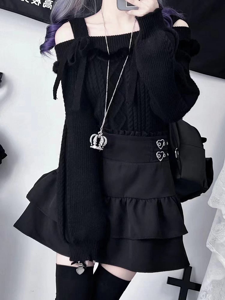 Jirai Kei – Schwarzer, schulterfreier Pullover im Landminen-Stil mit Schleife