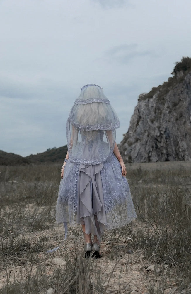 Gray Dragon Bone Embroidery High-low Skirt Dress Gothic Lolita OP with Cathedral Embroidery Overlay