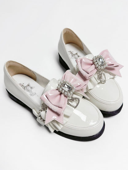 Pink Bowknot Decor Kei Shoe Jirai Black Pink/White Clips Beaded -