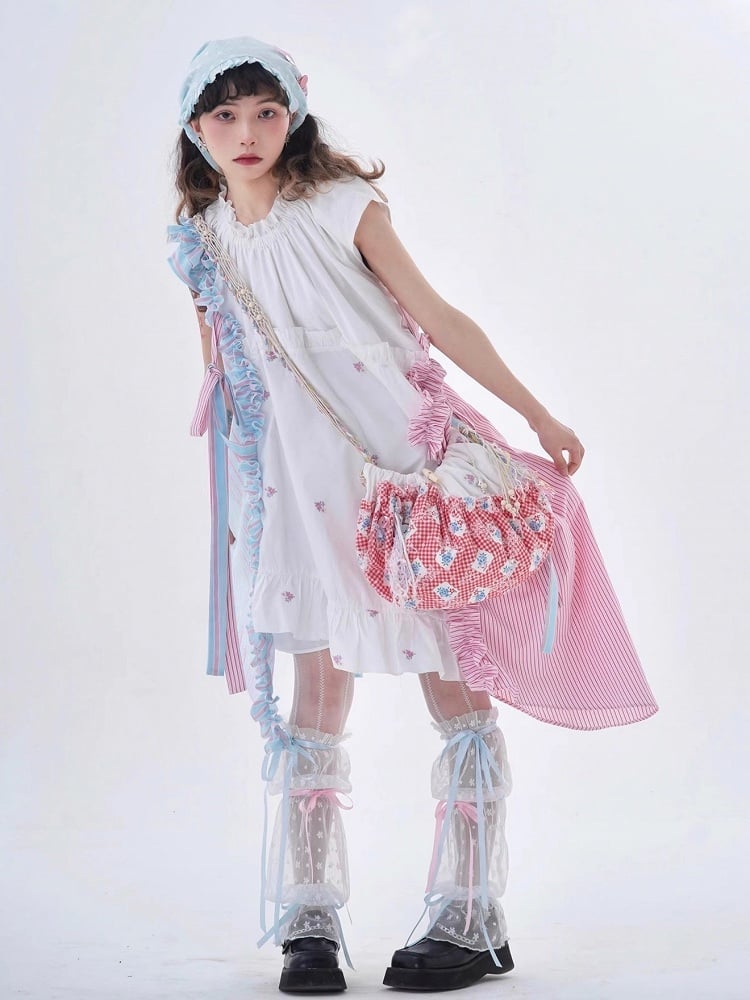 Embroidered Hem Accents with Blue Pink Floral Dress Asymmetrical
