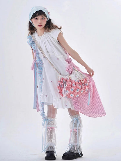 Embroidered Hem Accents with Blue Pink Floral Dress Asymmetrical