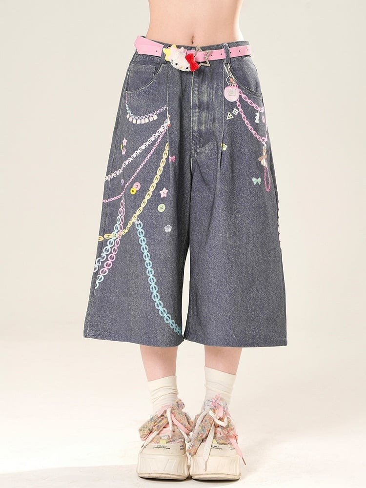 Print Cut Letter Wide-leg Y2K Button Chain Jeans Blue And