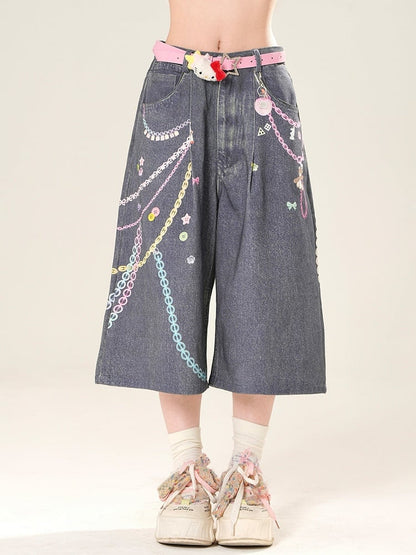 Print Cut Letter Wide-leg Y2K Button Chain Jeans Blue And