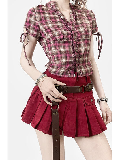 チェック柄袖フリルトリム柄シャツ Vネック Y2K ショートパンツ レッドブラウン