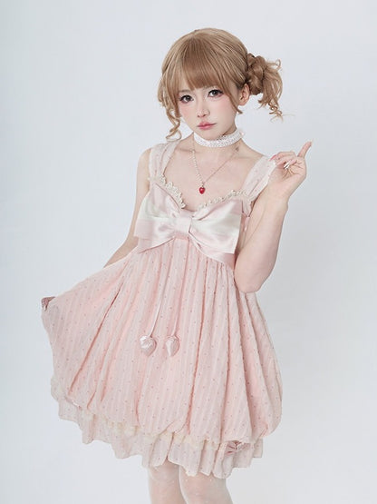 Pink Bow Polka Dot Sleeveless Bubble Dress with Lace - Tan Tuan