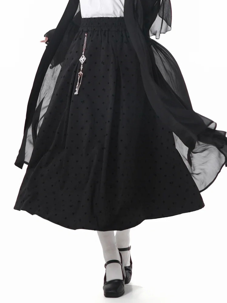 タッセルチャーム付き水玉スカート ブラック ウエストゴム チャイナドレススタイル