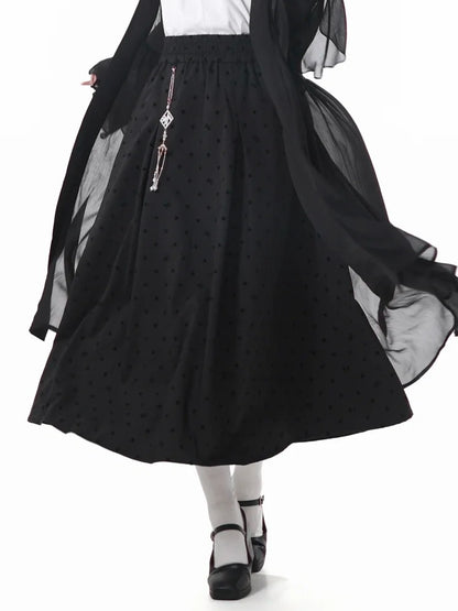 タッセルチャーム付き水玉スカート ブラック ウエストゴム チャイナドレススタイル