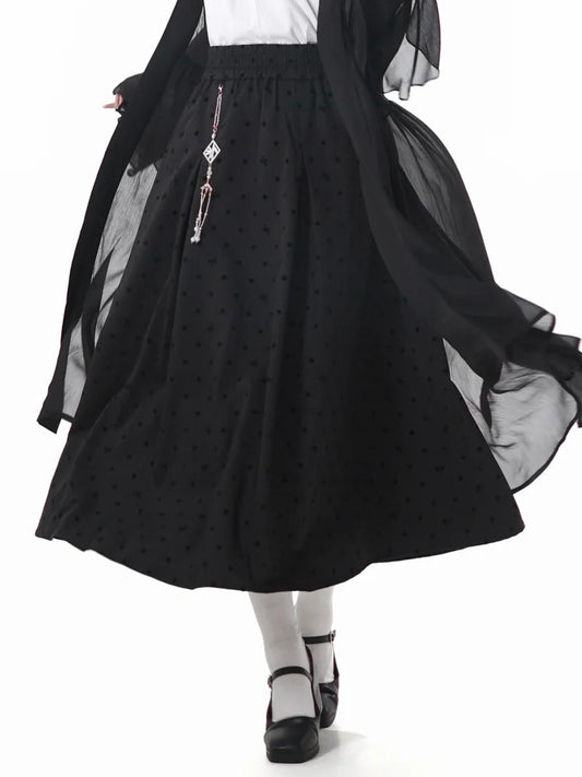 タッセルチャーム付き水玉スカート ブラック ウエストゴム チャイナドレススタイル
