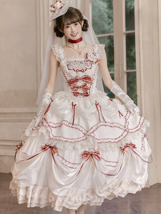Cake Dress Lolita Embroidered Red White Cherry Hime with Bows Ruffled Multi-Layered