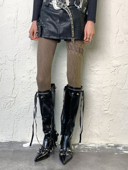 Wasteland Punk – Asymmetrische Strumpfhose mit Cut-outs in Hellkaffee