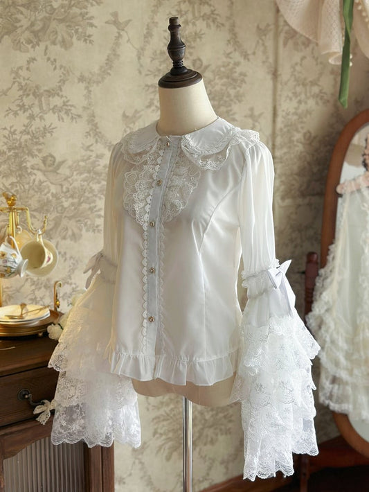 レースベルシャツ ロングティアード ピーターパンスリーブ ホワイトカラー