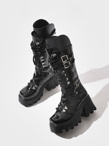 Black Mid-Calf Lace-Up Tongue - Straps Boots Gothic with Design Buckle Chunky Cutout Circle