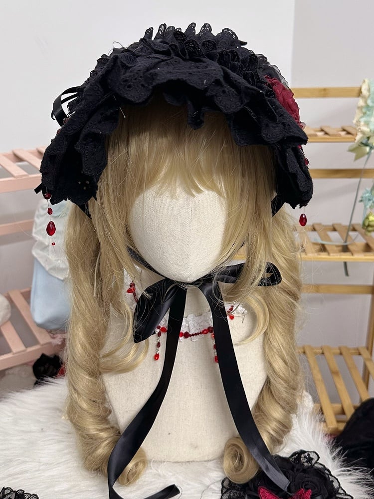 Lolita Bonnet Lace Black Gothic Bead Trim Rose Red
