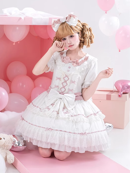 Hime Pink und Peter Pan Kragen Stufenrock Balletcore Lolita Kleid Weiß OP