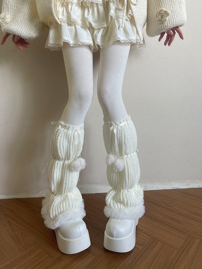 Ribbon Knitted Pom-Pom White/Black Plush-Trimmed Decorations and with Warmers Leg