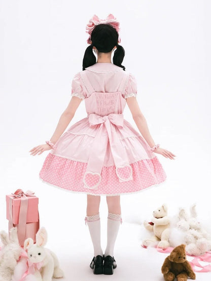 Baumwolle Alt Polka Pink Dots Schulkleid Lolita Weiß