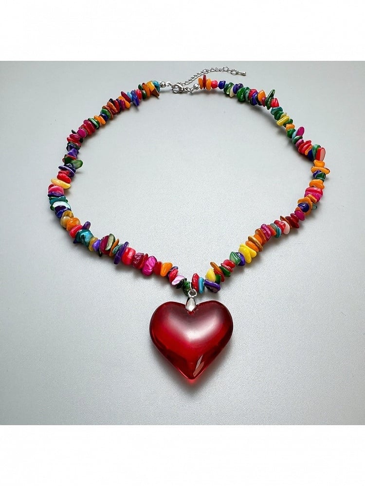 Y2K Multicolor Necklace with Red Heart Pendant - YSHXS